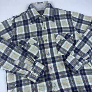 Vintage Woodland Wool Flannel Men M Plaid Button‎ Long Sleeve Single Needle